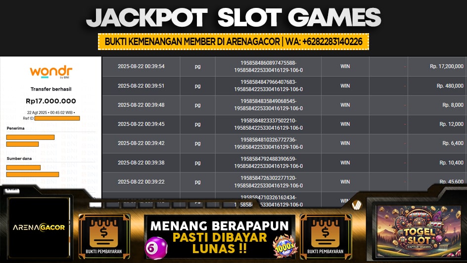 ARENAGACOR | JP SLOT 17 JUTA | MENANG PASTI DIBAYAR