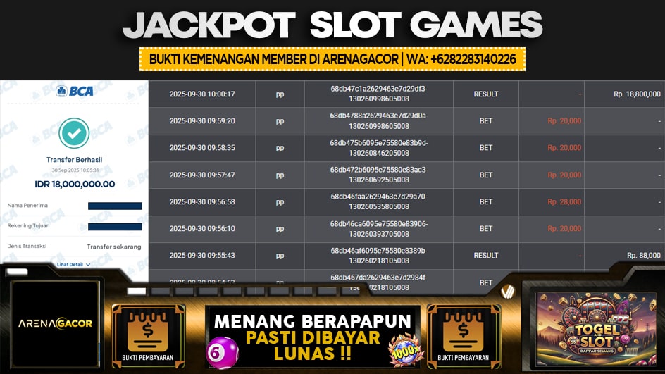 ARENAGACOR | JP SLOT 18 JUTA | MENANG PASTI DIBAYAR