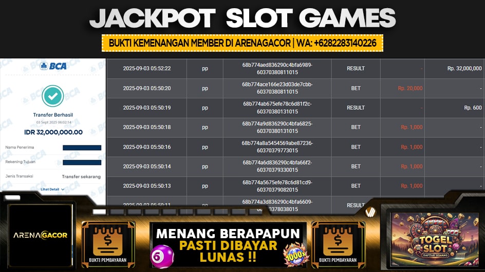 ARENAGACOR | JP SLOT 32 JUTA | MENANG PASTI DIBAYAR
