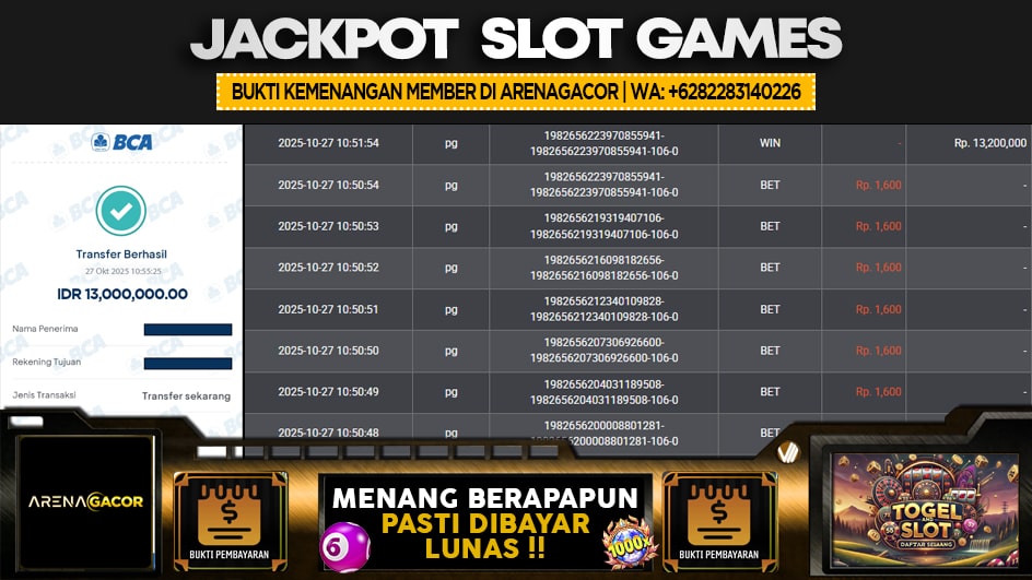 ARENAGACOR | JP SLOT 13 JUTA | MENANG PASTI DIBAYAR