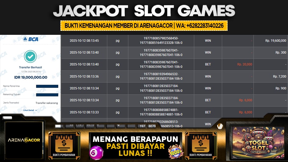 ARENAGACOR | JP SLOT 19 JUTA | MENANG PASTI DIBAYAR