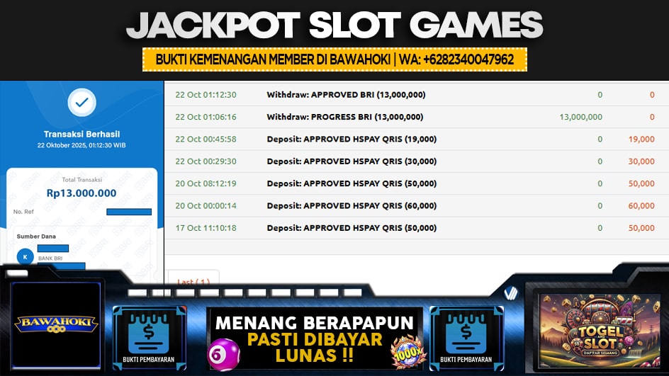 BAWAHOKI | JP SLOT 13 JUTA | MENANG PASTI DIBAYAR