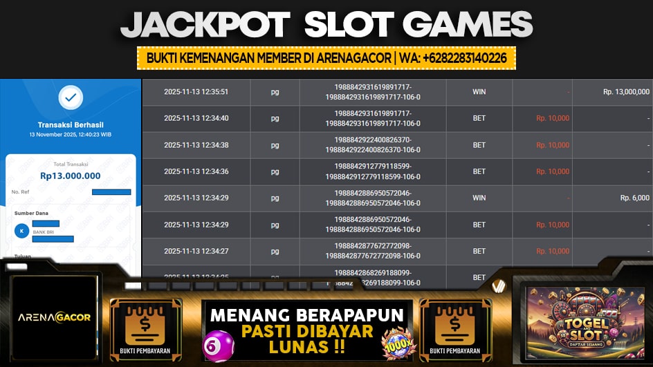 ARENAGACOR | JP SLOT 13 JUTA | MENANG PASTI DIBAYAR